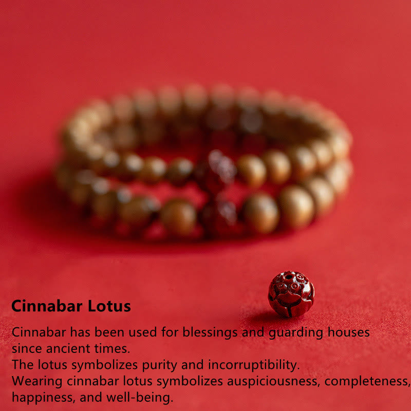 Peach Wood Lotus Cinnabar Luck Wealth Bracelet