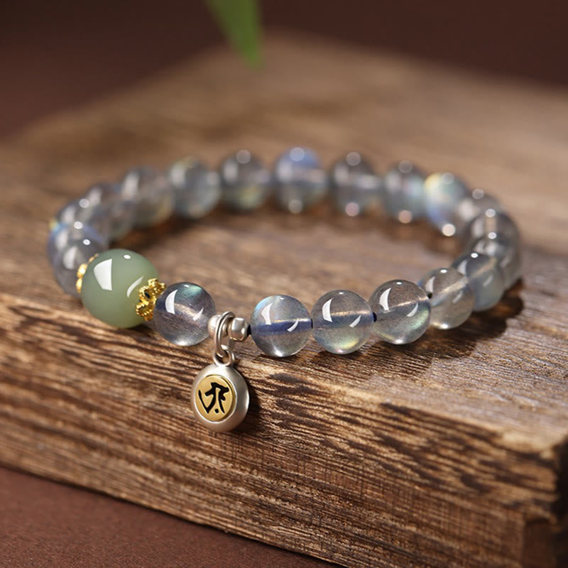 Chinese Zodiac Natal Buddha 925 Sterling Silver Natural Moonstone Hetian Jade Positive Bracelet