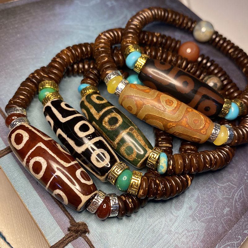 Handmade Tibetan Nine-Eye Dzi Agate Bead Braided Cord Bracelet