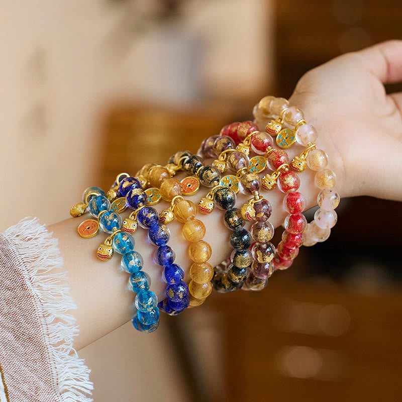 Gold Pixiu and Chinese Coin Liuli Glass Bead Energy Bracelet