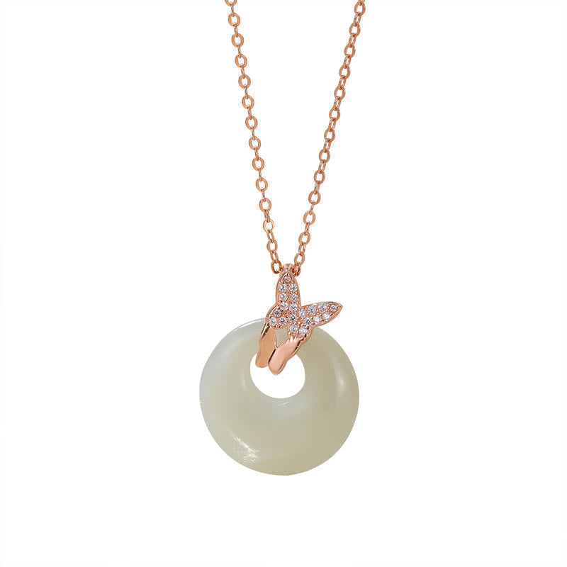 925 Sterling Silver Natural Hetian Jade Zircon Butterfly Luck Necklace Pendant