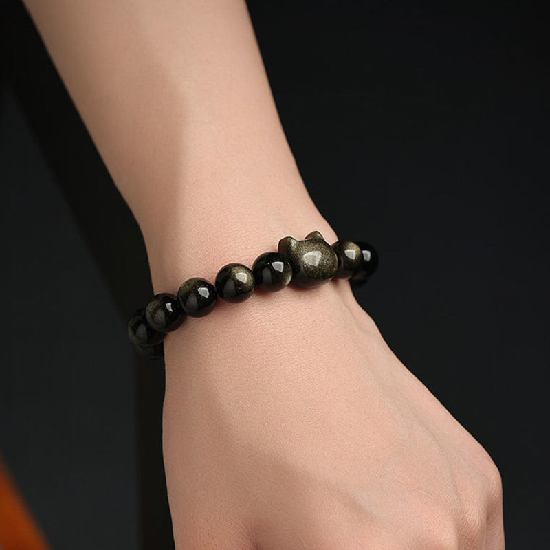 Handmade Gold & Silver Sheen Obsidian Feline Motif Beaded Bracelet