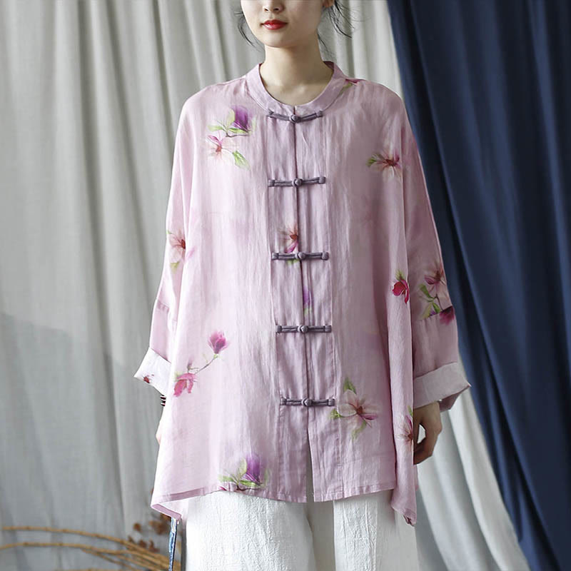 Pink Flower Print Frog-button Design Batwing Long Sleeve Ramie Linen Jacket Shirt