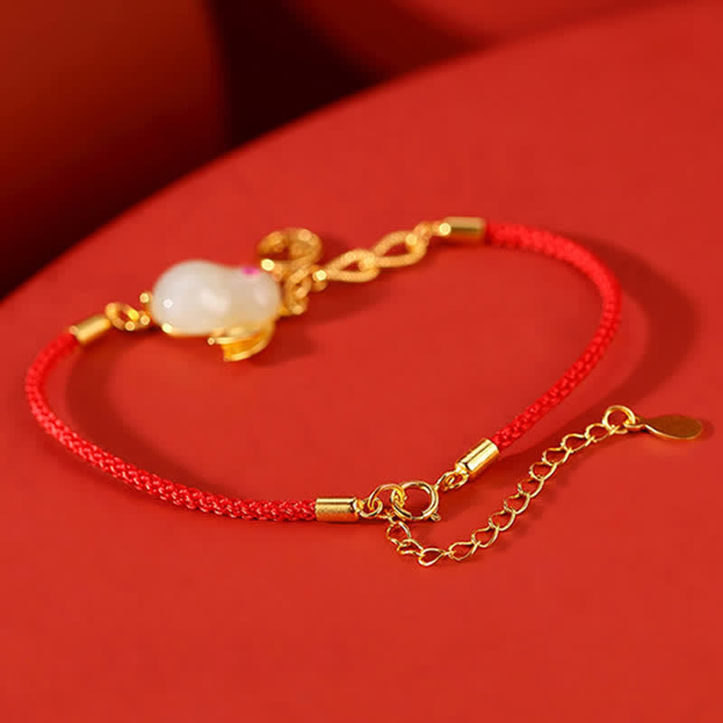 Sterling Silver & Hetian White Jade Red String Bracelet with Gold Buddha & Rabbit Accents