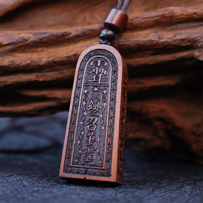 Lightning Struck Jujube Wood Taoist Five Thunder Order Luck Protection Necklace Pendant