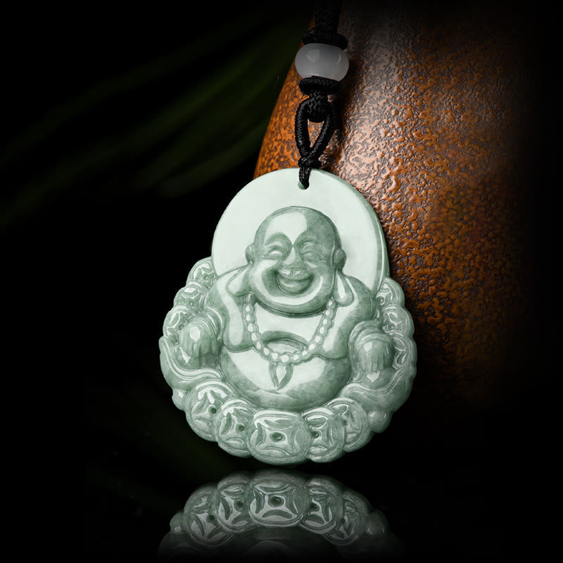 Laughing Buddha Natural Jade Copper Coin Abundance Necklace Pendant