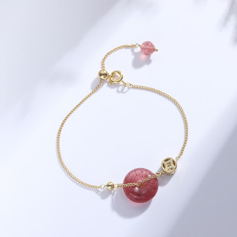 Strawberry Quartz Ping An Kou Peace Buckle Chinese Coin Love Beaded Bracelet