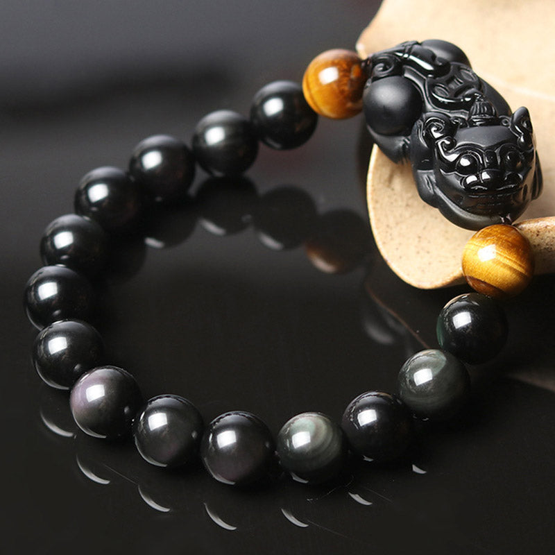 Handmade Rainbow Obsidian & Tiger Eye Pixiu Unisex Beaded Bracelet