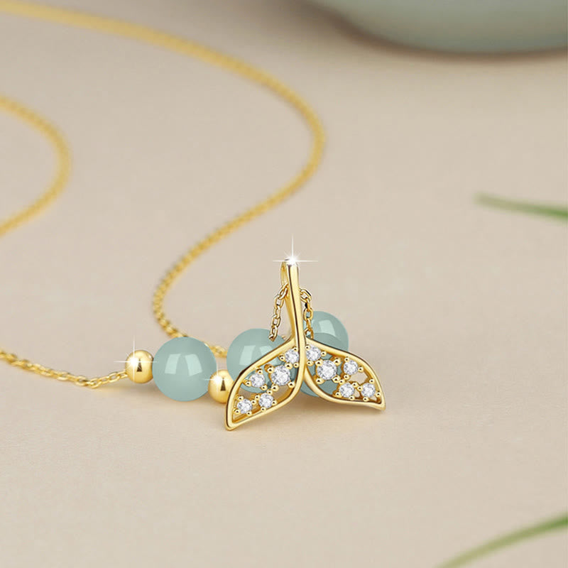 925 Sterling Silver Hetian Jade Bead Fishtail Luck Necklace Pendant