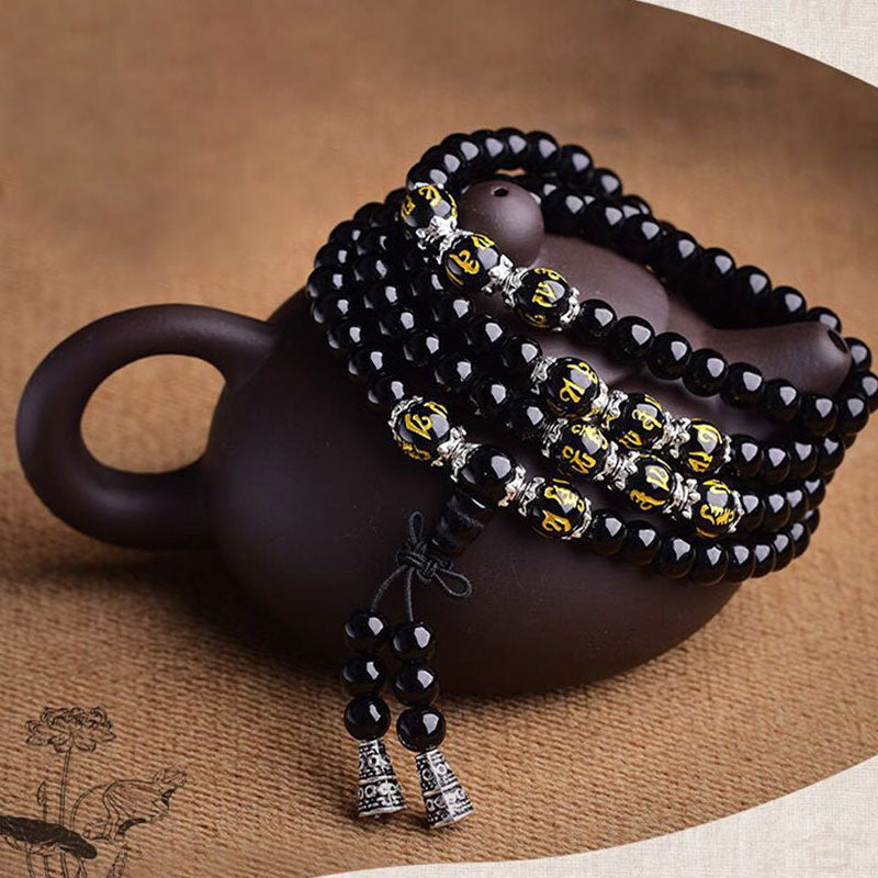 Black Obsidian Six True Words Protection Mala Bracelet