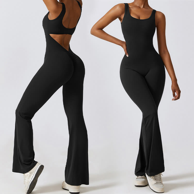 Women Workout Sleeveless Jumpsuit Flare Pants Sports Fitness Yoga Bodysuit