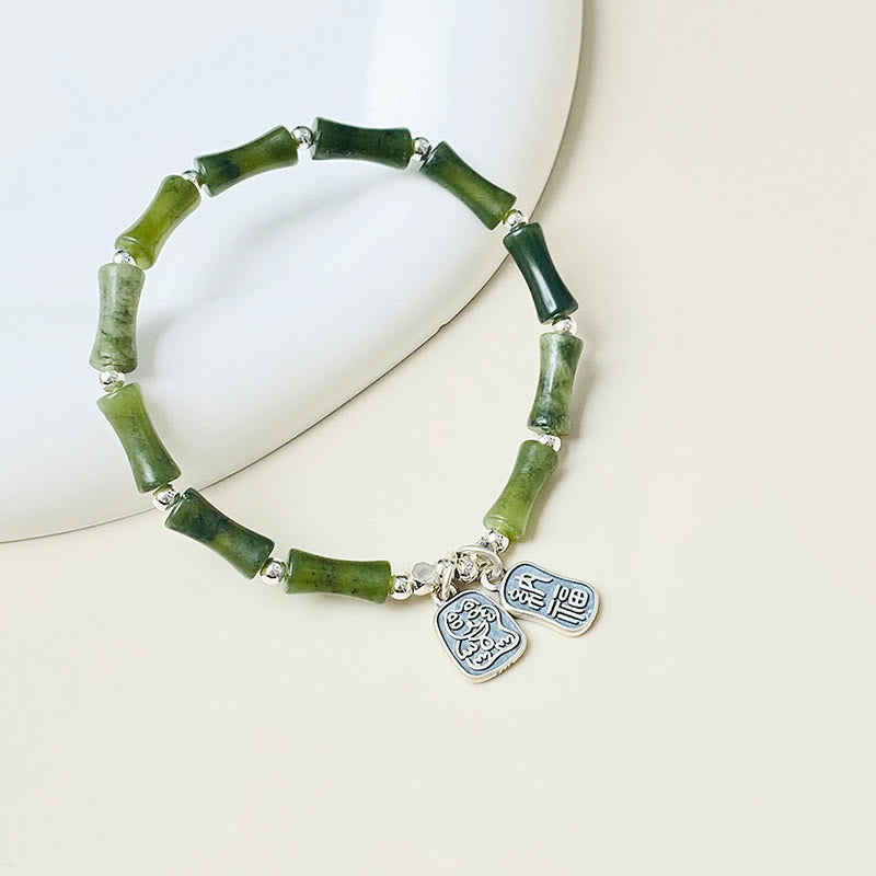 925 Sterling Silver Bamboo Jade Lucky Cat Fu Character Luck Abundance Bracelet