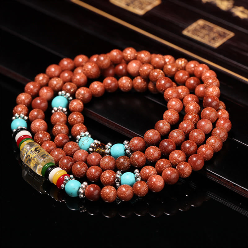 108 Mala Beads Goldstone Om Mani Padme Hum Swastika Confidence Bracelet