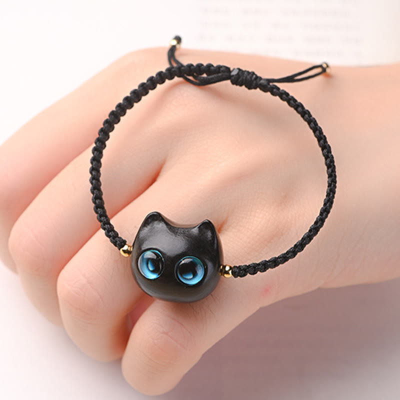 Small Leaf Red Sandalwood Ebony Wood Cute Cat Head Calm Protection Braided Bracelet