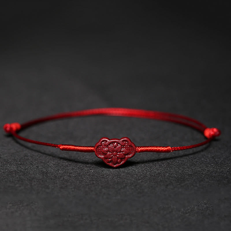 Handmade Cinnabar Braided Red String Bracelet with Carved Symbolic Charms