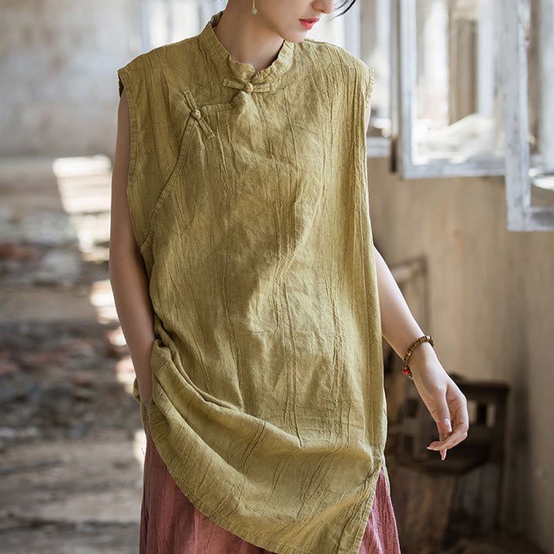 Handmade Tie Dye Ramie Linen Frog-Button Sleeveless Vest