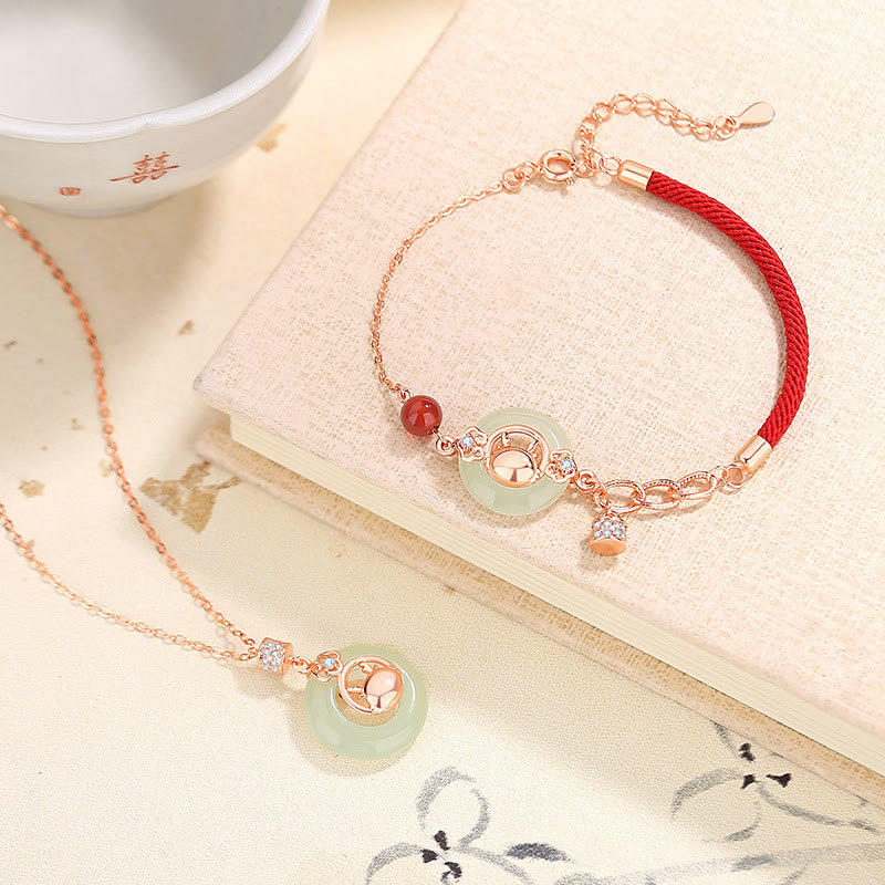 Sterling Silver Natural Hetian Jade Dragon Ping An Kou Zircon Bracelet Necklace