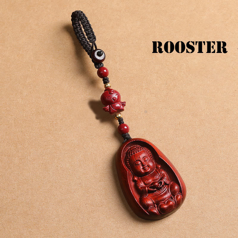 Small Leaf Red Sandalwood & Cinnabar Buddha Chinese Zodiac Carved Keychain