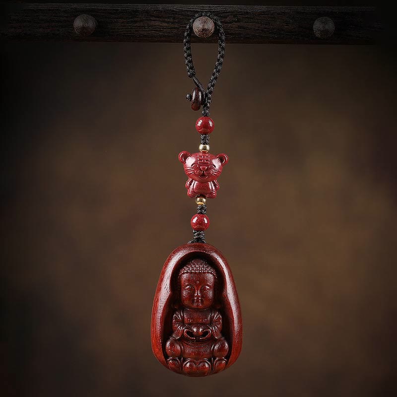 Small Leaf Red Sandalwood & Cinnabar Buddha Chinese Zodiac Carved Keychain