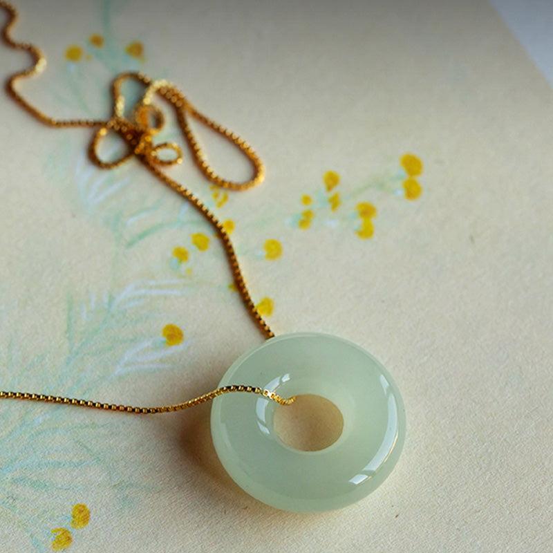 Natural Round Jade Ping An Kou 925 Sterling Silver Gold Plated Pendant Necklace