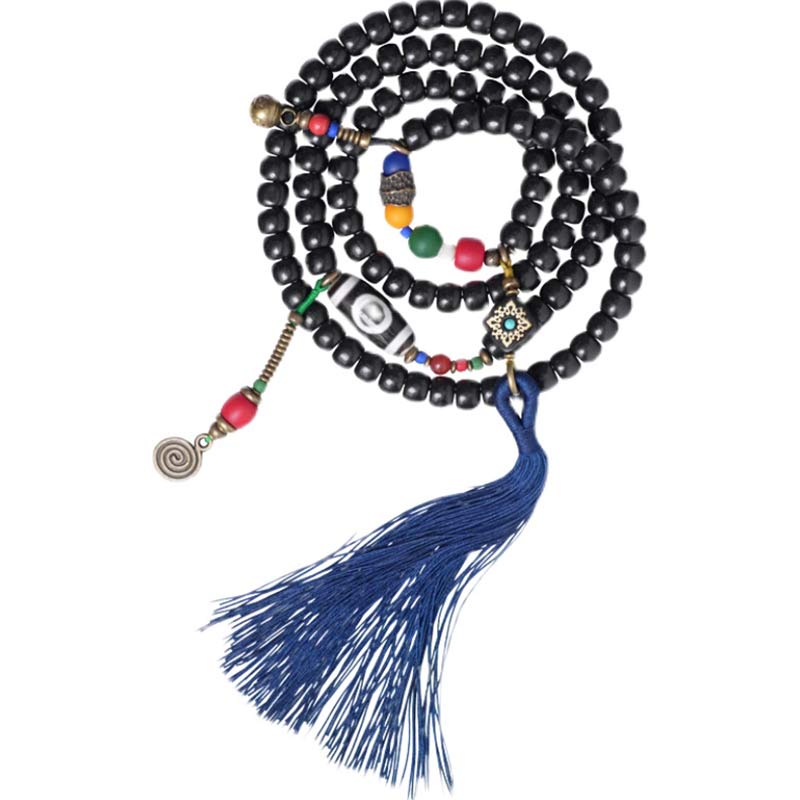 108 Beads Mala Ebony Wood Dzi Bead Copper Balance Tassel Bracelet
