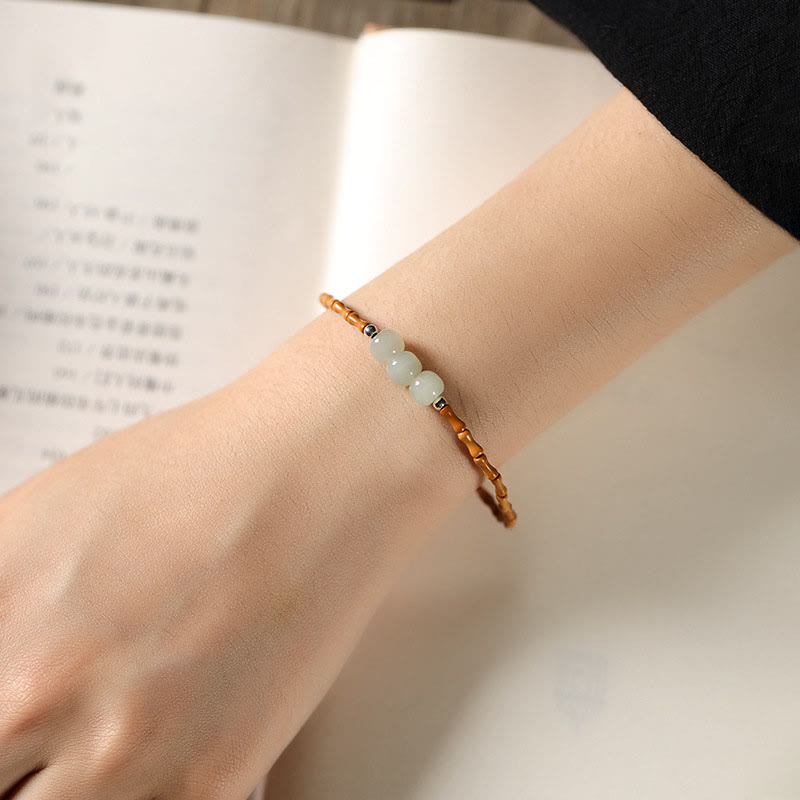 Natural Olive Pit & Hetian Jade Beaded Bracelet with Bamboo Pattern and White Copper Elements