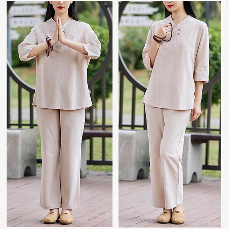 2Pcs Shirt Top Pants Meditation Zen Tai Chi Cotton Linen Clothing Women's Set