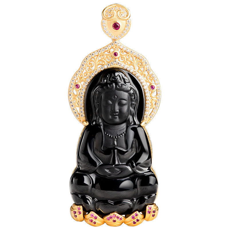 925 Sterling Silver Natural Black Jade Kwan Yin Avalokitesvara Wealth Necklace Pendant