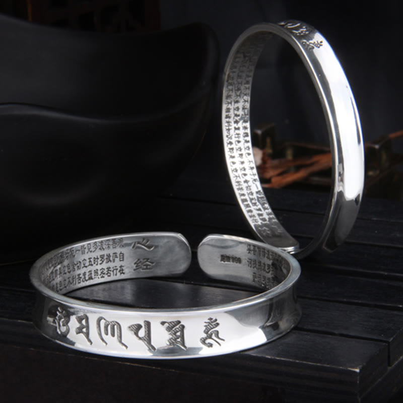 999 Sterling Silver Om Mani Padme Hum Heart Sutra Love Peace Bracelet Bangle