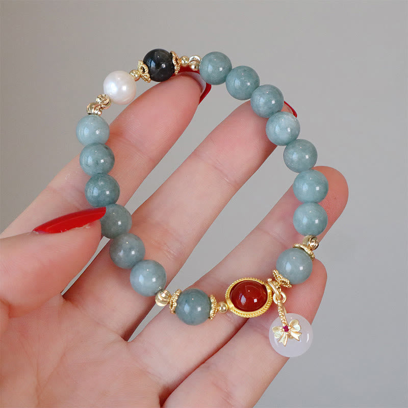 Natural Jade Red Agate Pearl Bow Tie Luck Bracelet