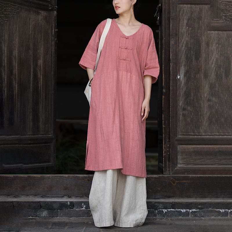 Ramie Linen Tie-Dye Frog-Button Meditation Midi Dress & Wide-Leg Pants Set