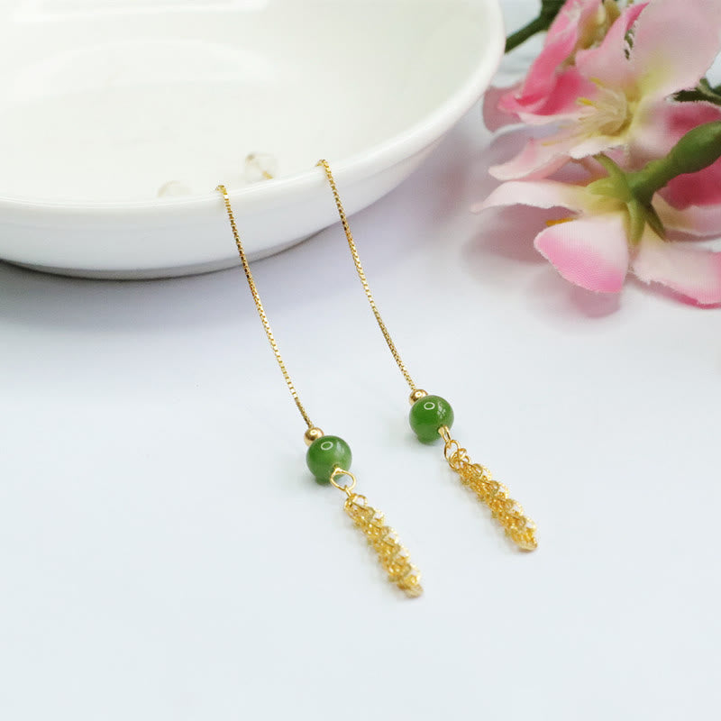 925 Sterling Silver Natural Hetian Cyan Jade Bead Luck Phoenix Tail Drop Earrings