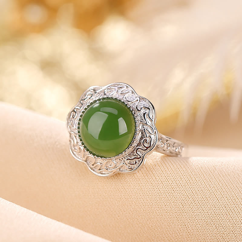925 Sterling Silver Hetian Cyan Jade Flower Design Adjustable Ring