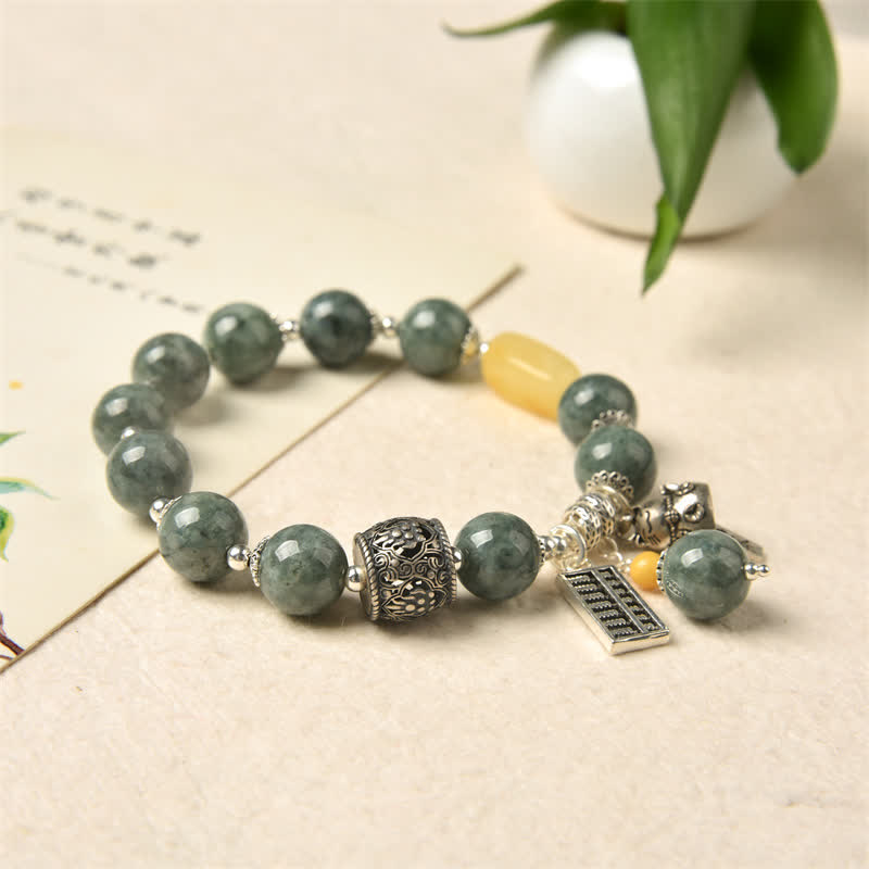925 Sterling Silver Cyan Jade & Amber Abacus Lucky Cat Charm Bracelet
