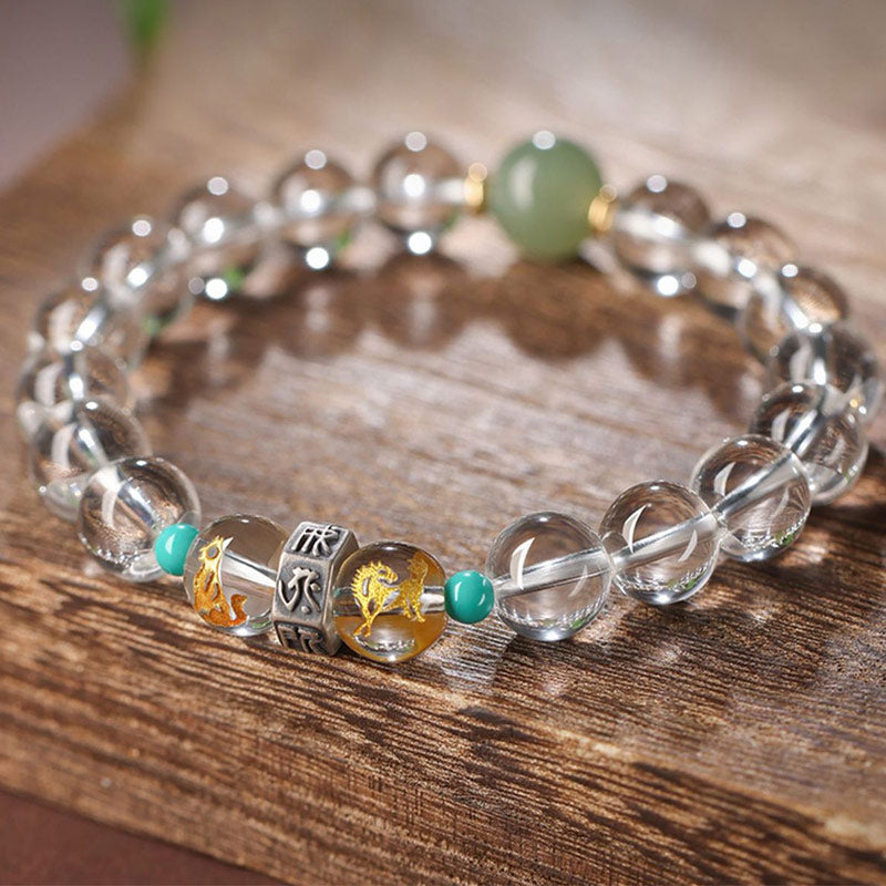 925 Sterling Silver Hetian Jade & White Crystal Chinese Zodiac Guardian Buddha Beaded Bracelet