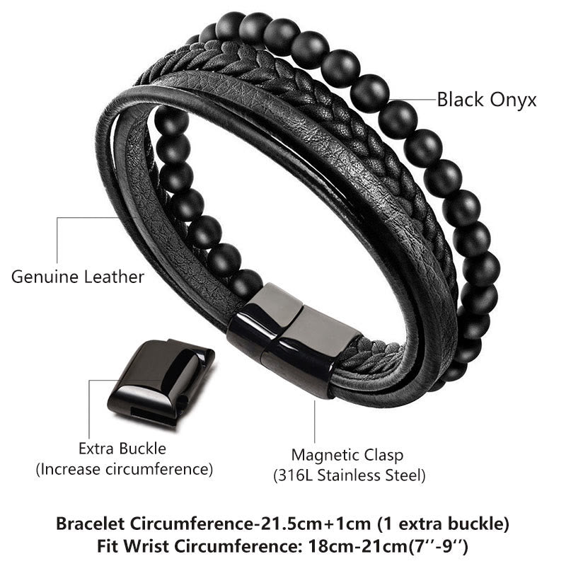 Natural Lava Rock Black Onyx Bead Leather Bracelet