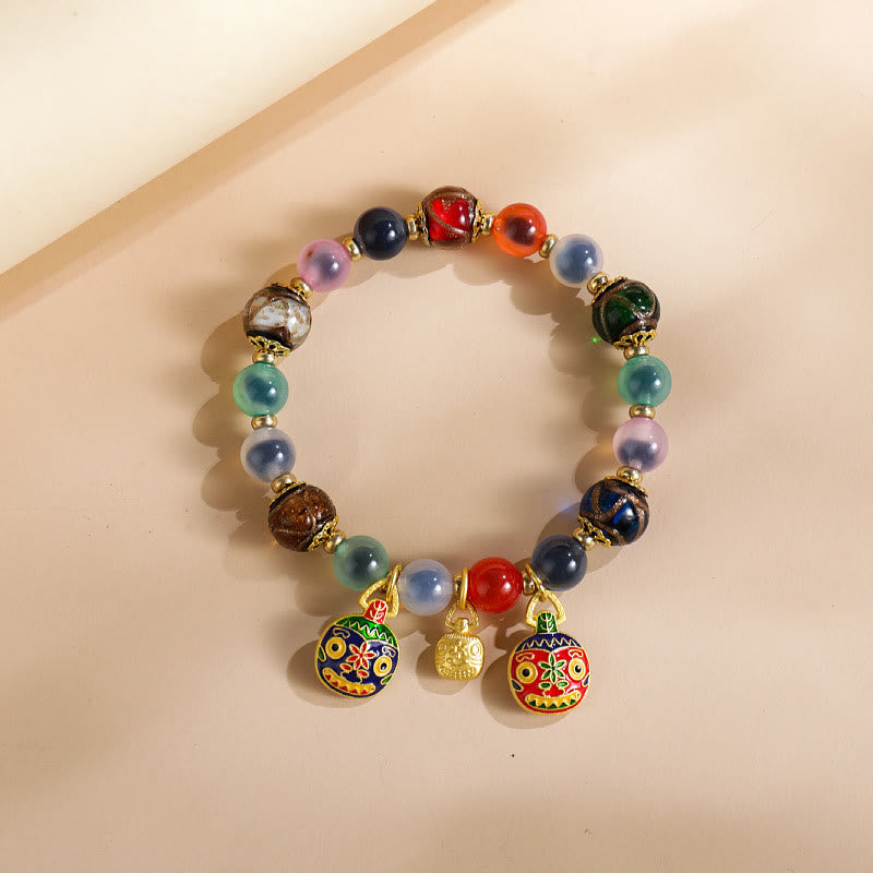 Vibrant Candy Agate & Liuli Beaded Bracelet with Gold Swallowing Beast Family Charm
