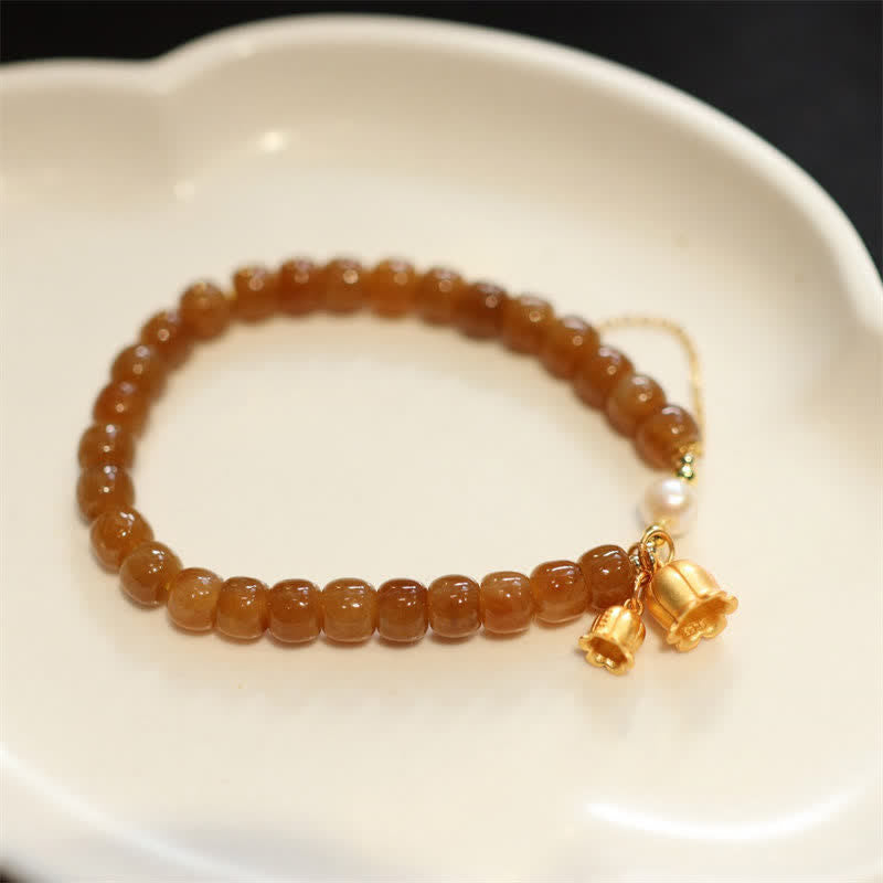 Natural Hetian Jade and Pearl Lily of the Valley 925 Sterling Silver Gold Plated Charm Bracelet