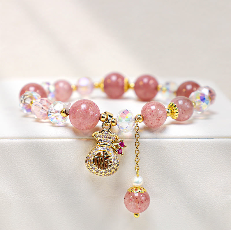 Natural Strawberry Quartz Crystal Beaded Bracelet with Carved Money Bag Charm