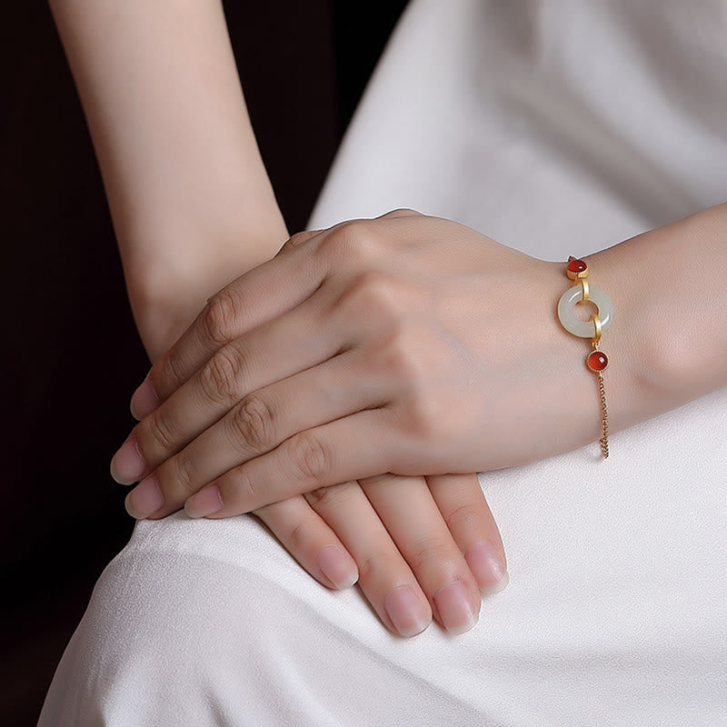 925 Sterling Silver Plated Gold Natural Hetian Jade Peace Buckle Red Agate Luck Bracelet
