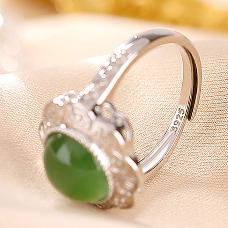 925 Sterling Silver Hetian Cyan Jade Flower Design Adjustable Ring