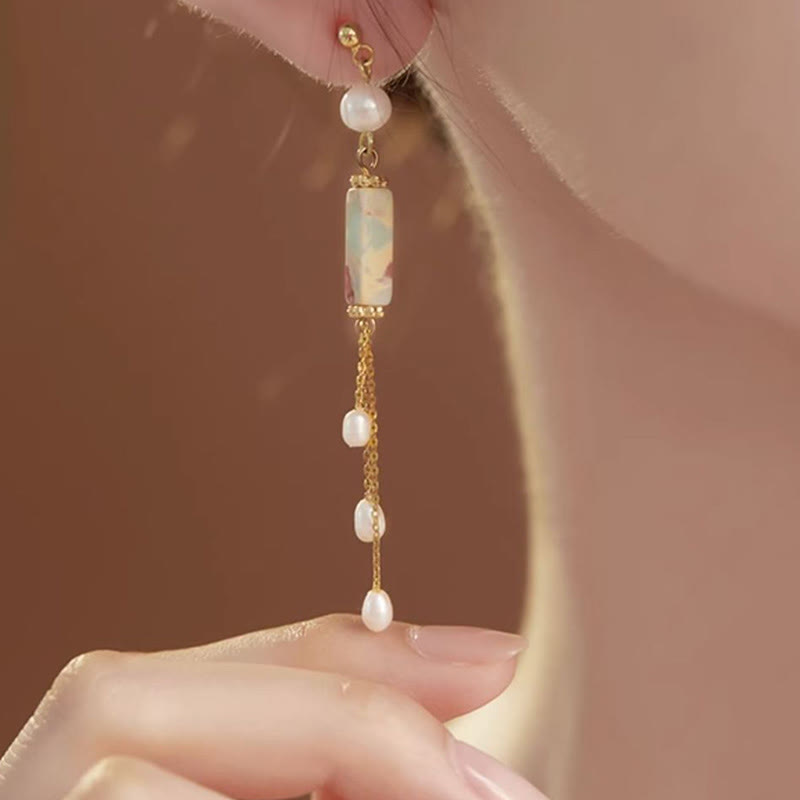 925 Sterling Silver Posts Shoushan Stone Pearl Healing Drop Earrings