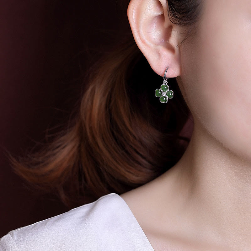 Natural Jade and 925 Sterling Silver Four-Leaf Clover Stud Earrings