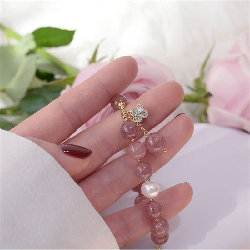 Natural Strawberry Quartz and Pearl Four-Leaf Clover Charm Bracelet