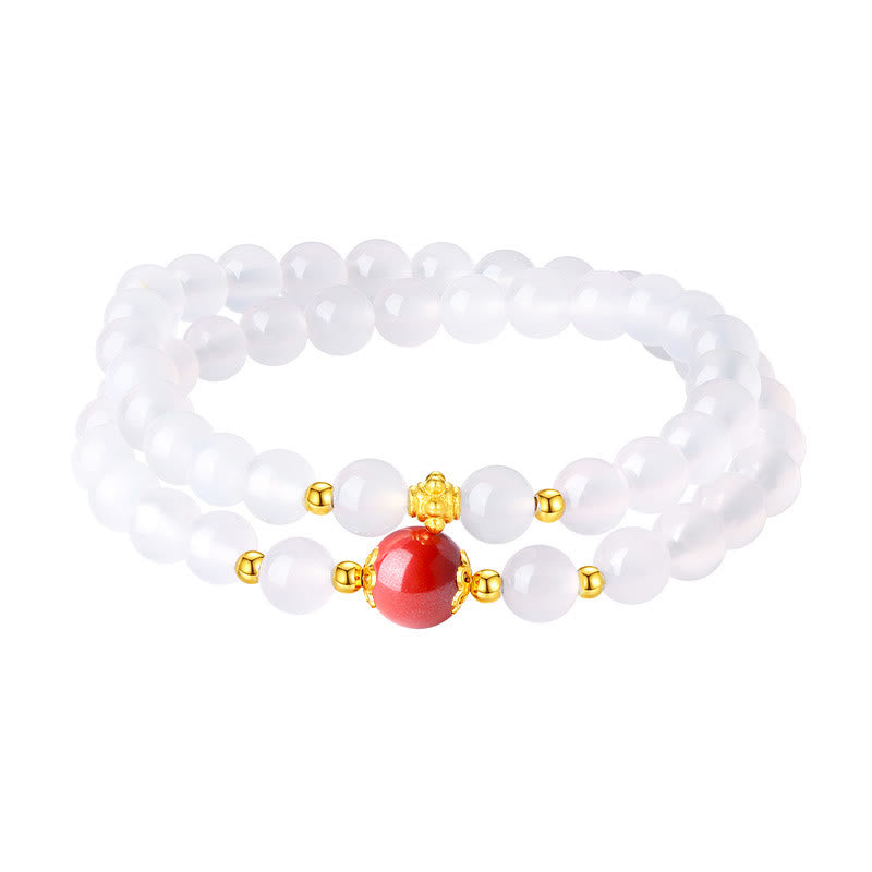 Natural White Agate and Cinnabar 925 Sterling Silver Double Wrap Bracelet