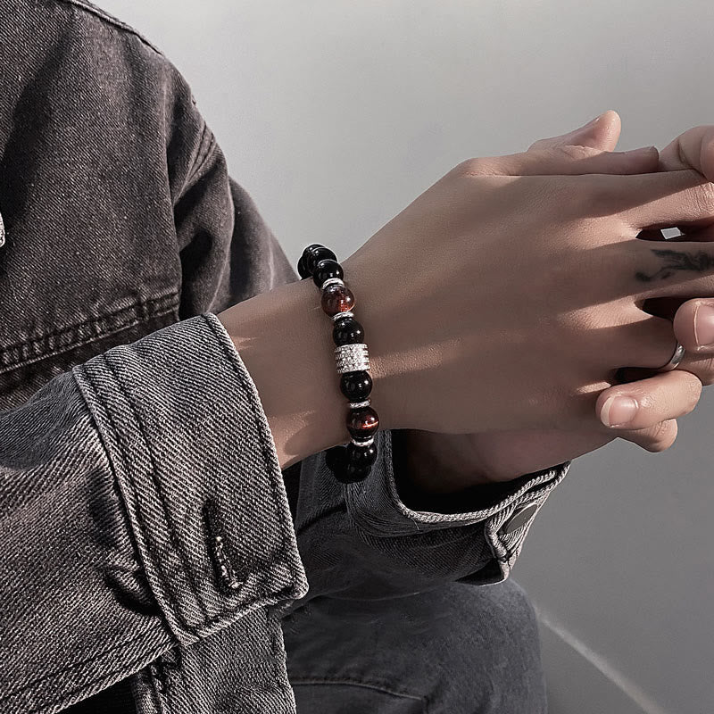 10mm Black Obsidian and Tiger Eye Beaded Bracelet with Titanium Steel