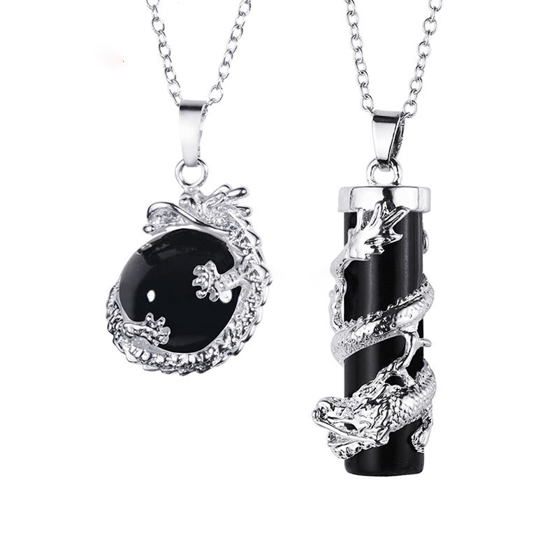 2pc Dragon Wrapped Round Ball Gemstone Couple Necklace Pendant