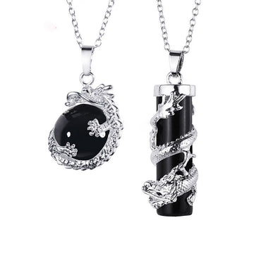2pc Dragon Wrapped Round Ball Gemstone Couple Necklace Pendant