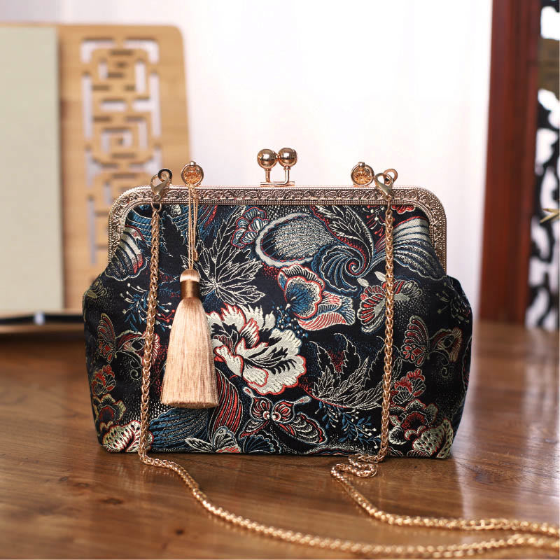 Vintage Flower Butterfly Crane Sea Waves Metal Chain Crossbody Bag Shoulder Bag Handbag