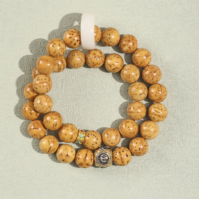 Tibetan Style Double Wrap Bracelet with Turquoise, Copper and Natural Purple Gold Rat Bodhi Seeds